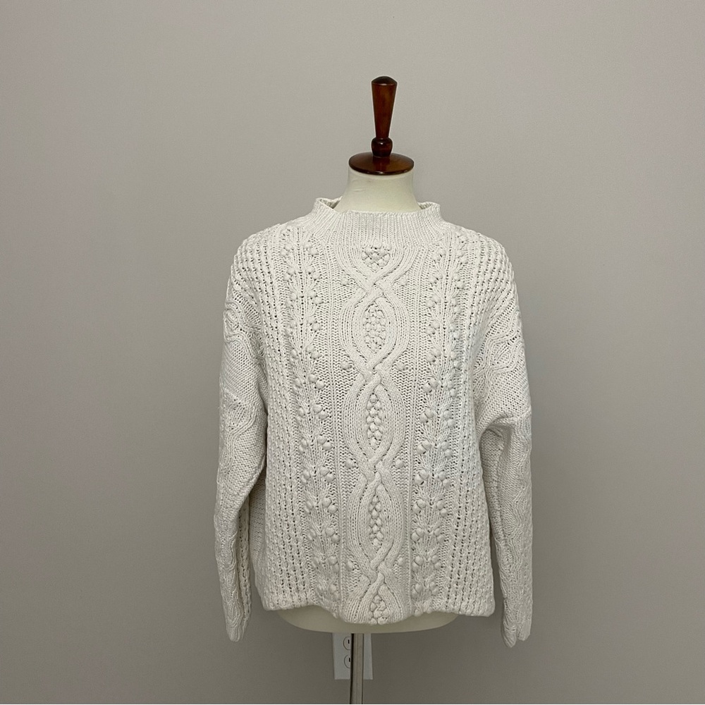 Vintage Cable Knit Sweater Jumper Pullover 3D Baubles Mock Neck Ivory Cream